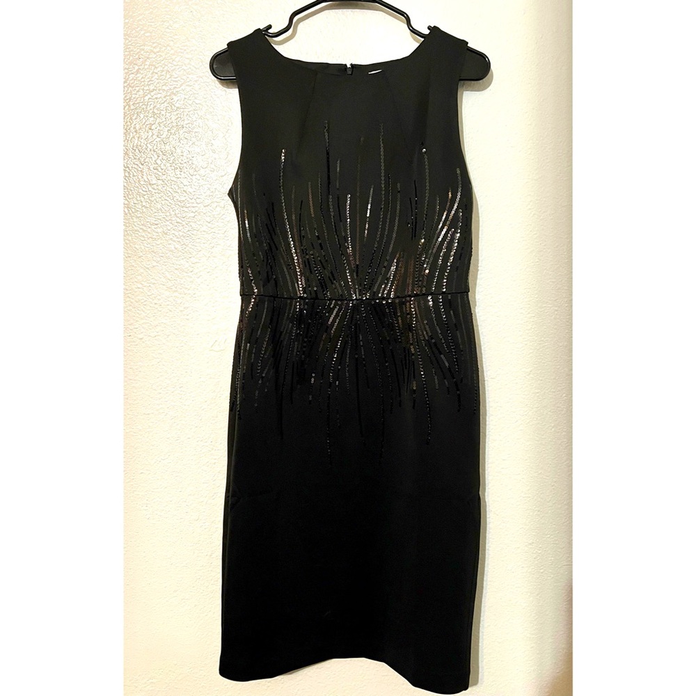 Carmen Marc Valvo sleeveless black Sequin midi Sheath Dress
